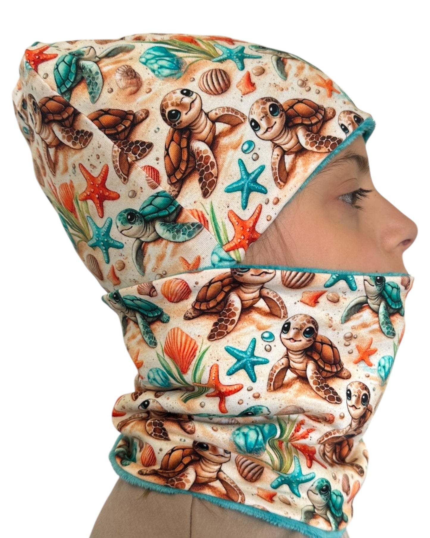 Set Cappello e Scaldacollo Fatto a Mano in Cotone Certificato Fantasia Tartarughe