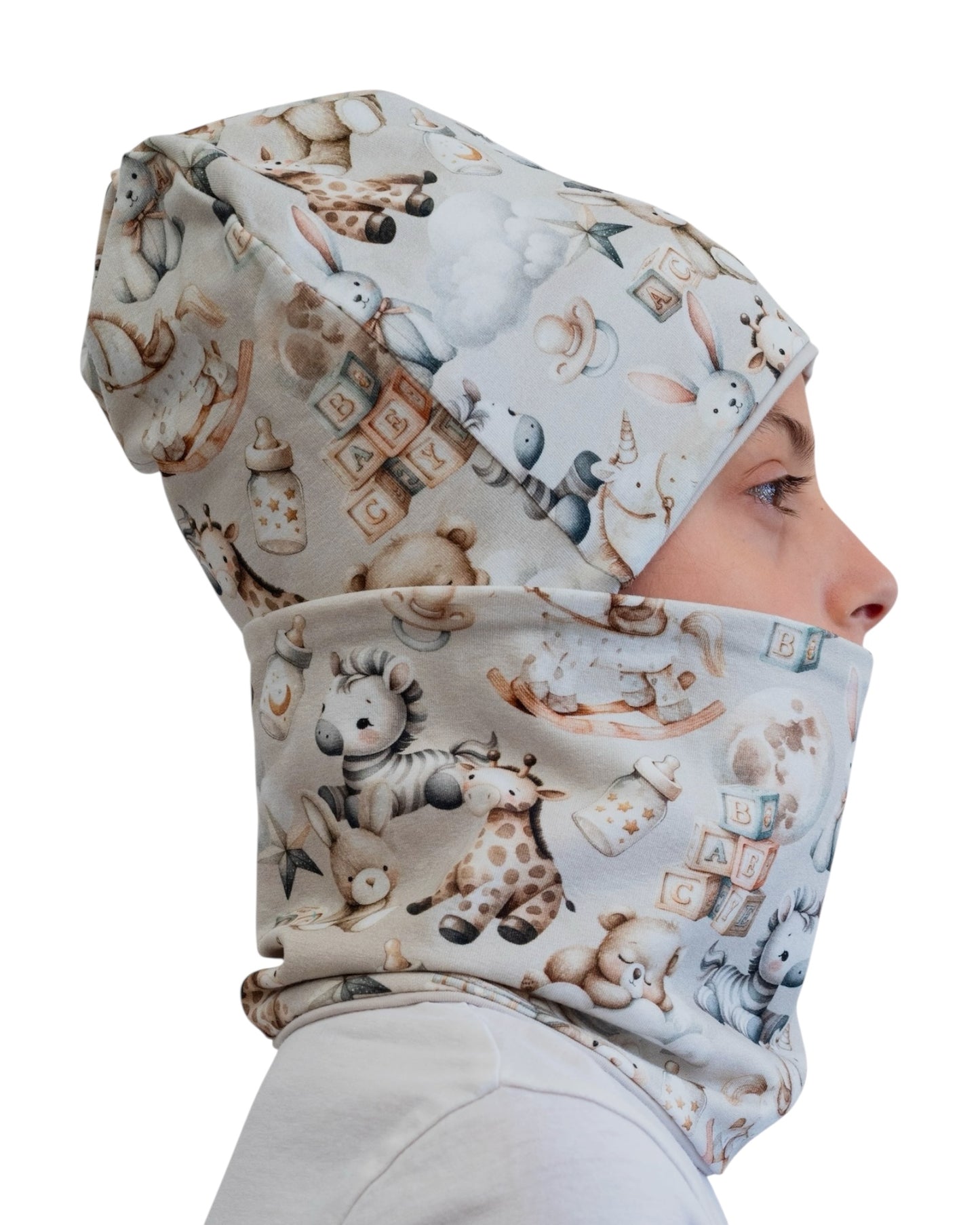 Set Cappello e Scaldacollo Fatto A Mano In Cotone Certificato Fantasia Animaletti