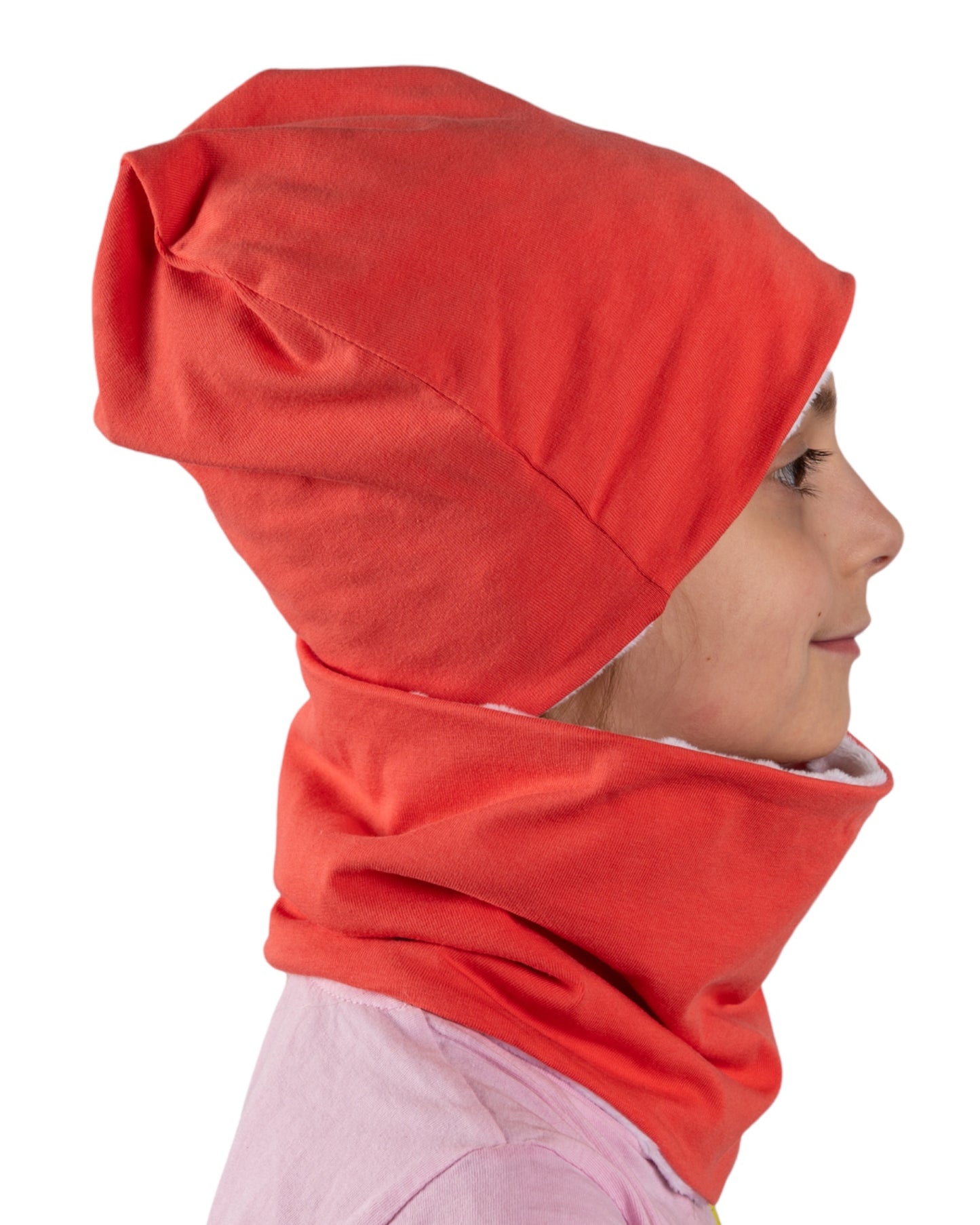 Cappello e scaldacollo bambina tinta unita corallo