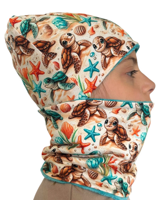Set Cappello e Scaldacollo Fatto a Mano in Cotone Certificato Fantasia Tartarughe