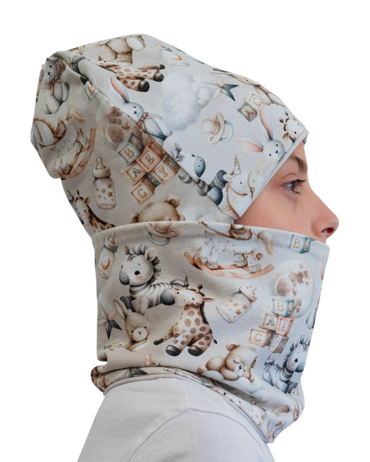 Set Cappello e Scaldacollo Fatto A Mano In Cotone Certificato Fantasia Animaletti