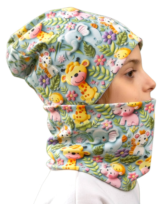 Set Cappello e Scaldacollo Fatto A Mano In Cotone Certificato Fantasia Giungla