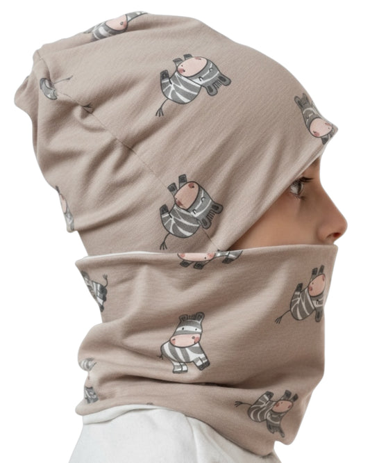 Set Cappello e Scaldacollo Fatto A Mano In Cotone Certificato Fantasia Zebre