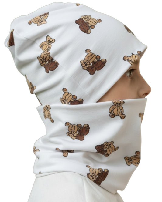 Set Cappello e Scaldacollo Fatto A Mano In Cotone Certificato Fantasia Orsetti